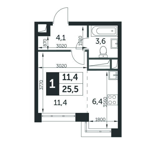 Студия, 25.7 м²