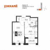 1-комнатная квартира 38,5 м²