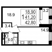 1-комнатная квартира 42.8 м²