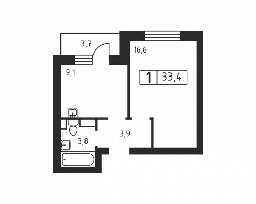 1-комнатная, 33.4 м²