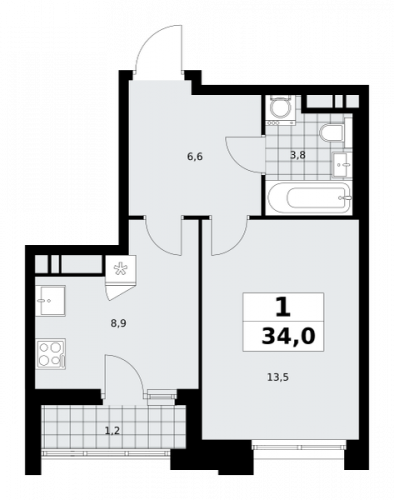 1-комнатная, 34 м²