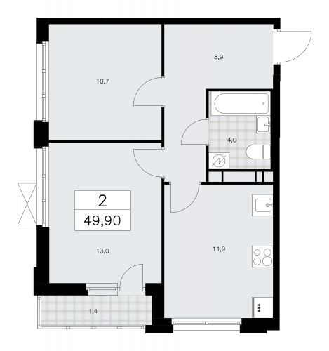 2-комнатная, 49.9 м²