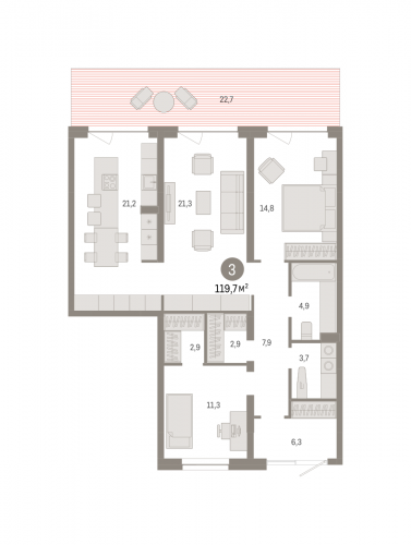 3-комнатная, 119.73 м²