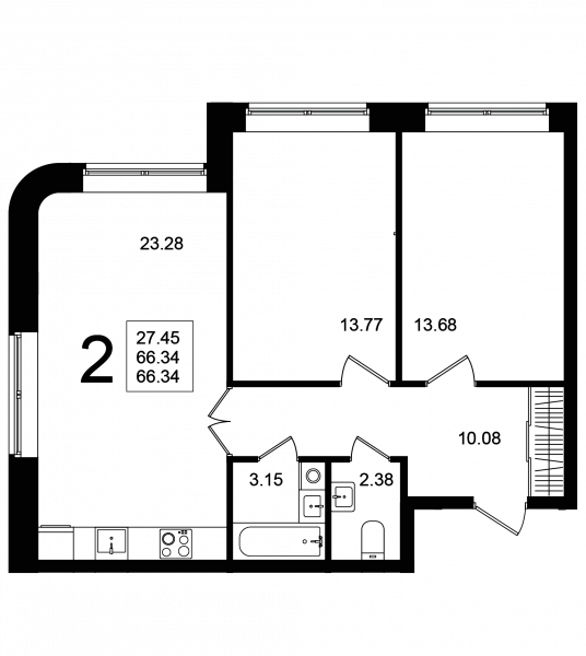 2 комнаты до 66.34