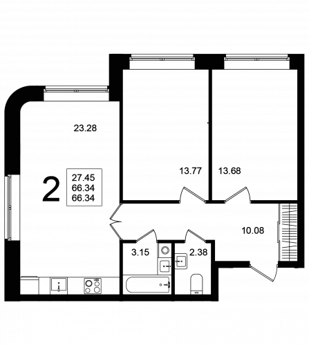 2-комнатная, квартира, 66.34 м²
