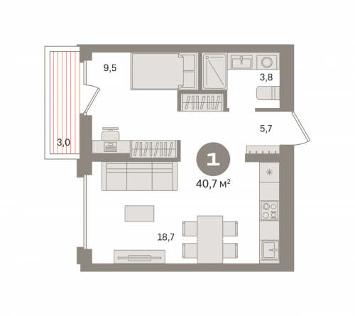1-комнатная, квартира, 40.74 м²