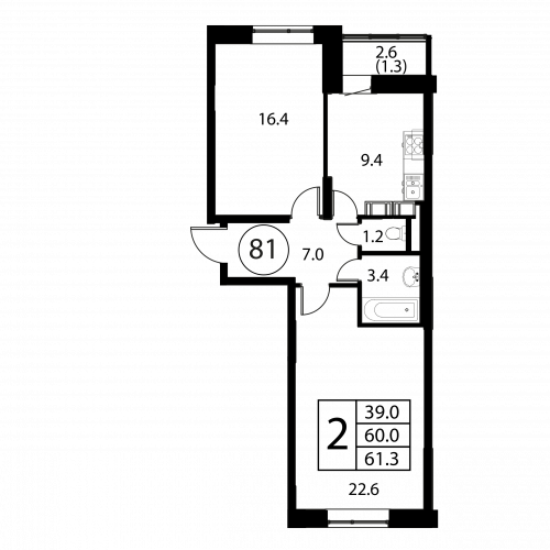 2-комнатная, квартира, 61.3 м²
