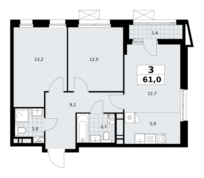 3-комнатная квартира №58К-7.1.1-195, 61,0 м² за 16,72 млн руб. в ЖК «Прокшино» - планировка