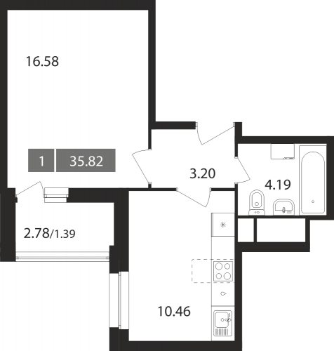 1-комнатная, квартира, 35.82 м²