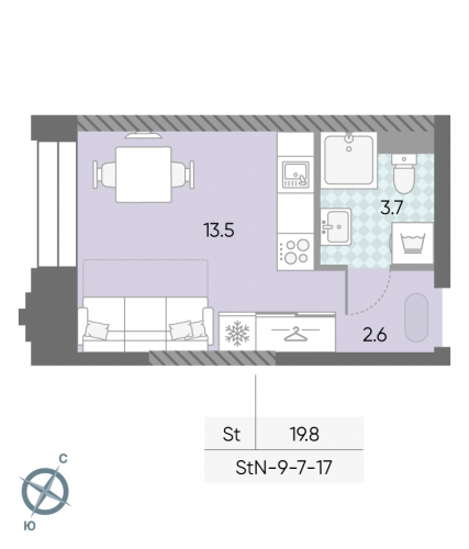 Студия, 19.8 м²