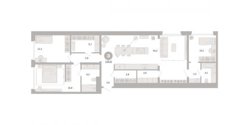 3-комнатная, квартира, 119.6 м²