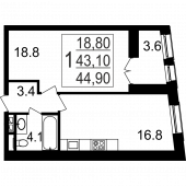 1-комнатная квартира 44.9 м²