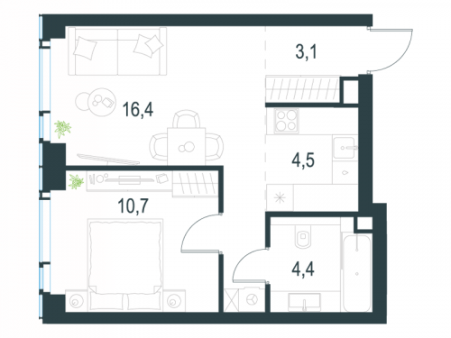 2-комнатная, 39.1 м²