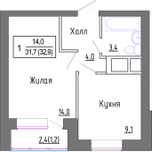 1-комнатная квартира 31,7 м²