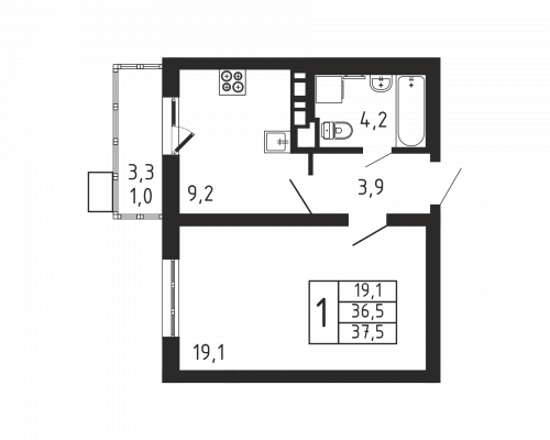 1-комнатная, квартира, 37.5 м²