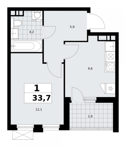 1-комнатная, 33.7 м²
