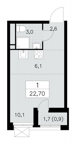 1-комнатная, 22.7 м²