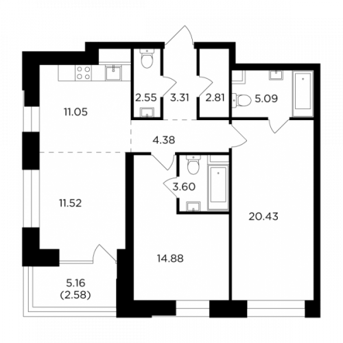 3-комнатная, 82.2 м²
