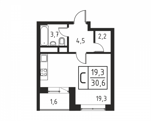 1-комнатная, квартира, 29.7 м²