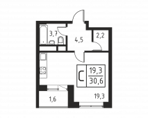 1-комнатная квартира 29,7 м²