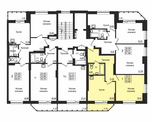 1-комнатная, квартира, 51.1 м²