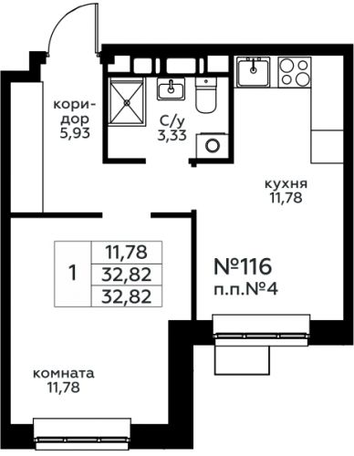 1-комнатная, 32.82 м²