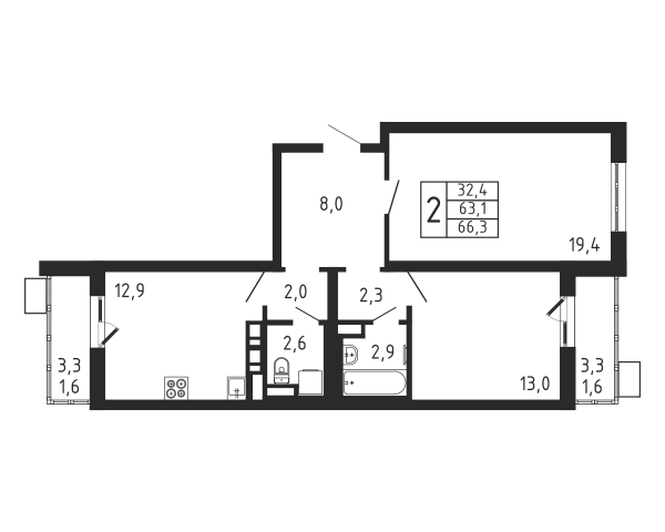 2 комнаты до 66.3