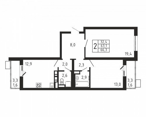 2-комнатная, квартира, 66.3 м²