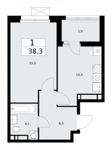1-комнатная, 38.3 м²