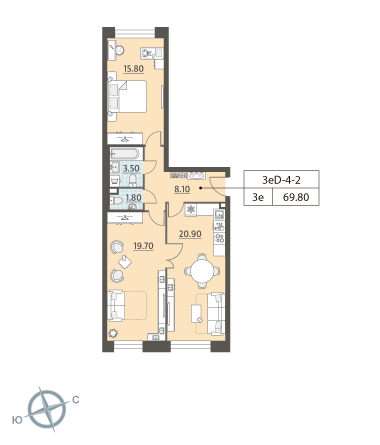 2-комнатная, квартира, 69.8 м²