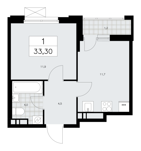 1-комнатная, 33.3 м²