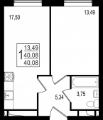 1-комнатная квартира 40,08 м²