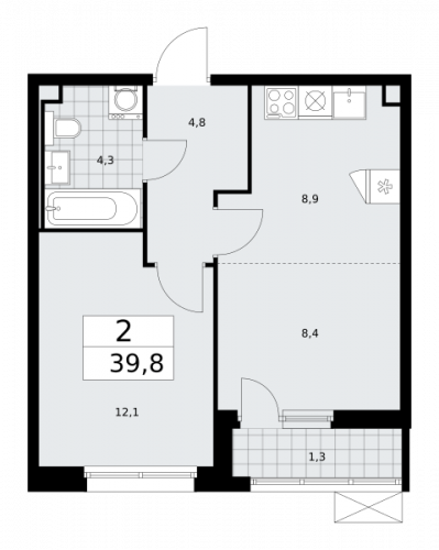 2-комнатная, 39.8 м²