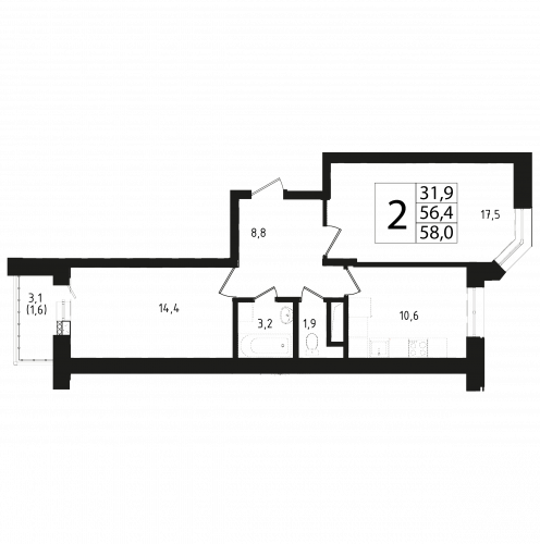 2-комнатная, квартира, 56.6 м²
