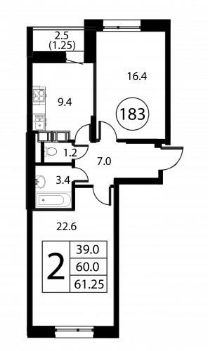 2-комнатная, квартира, 61.25 м²