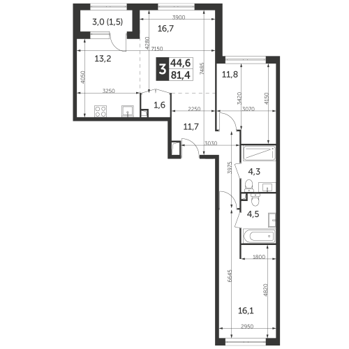 3-комнатная, квартира, 81.4 м²