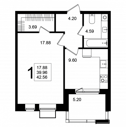 1-комнатная, квартира, 42.6 м²