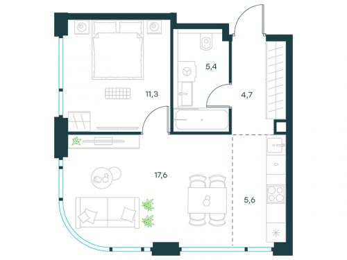 2-комнатная, квартира, 44.6 м²