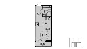 1-комнатная квартира 21 м²
