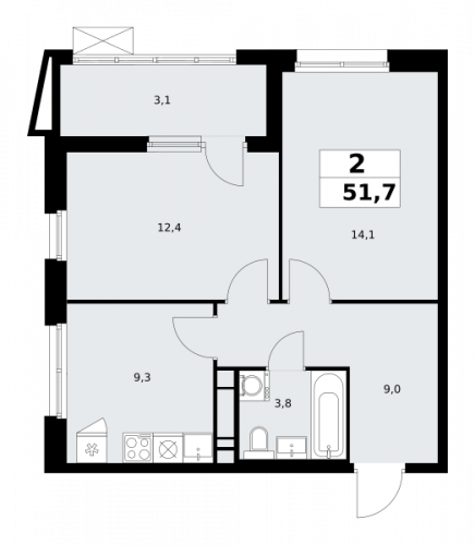 2-комнатная, 51.7 м²