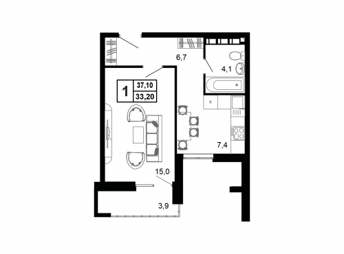 1-комнатная, 35.5 м²