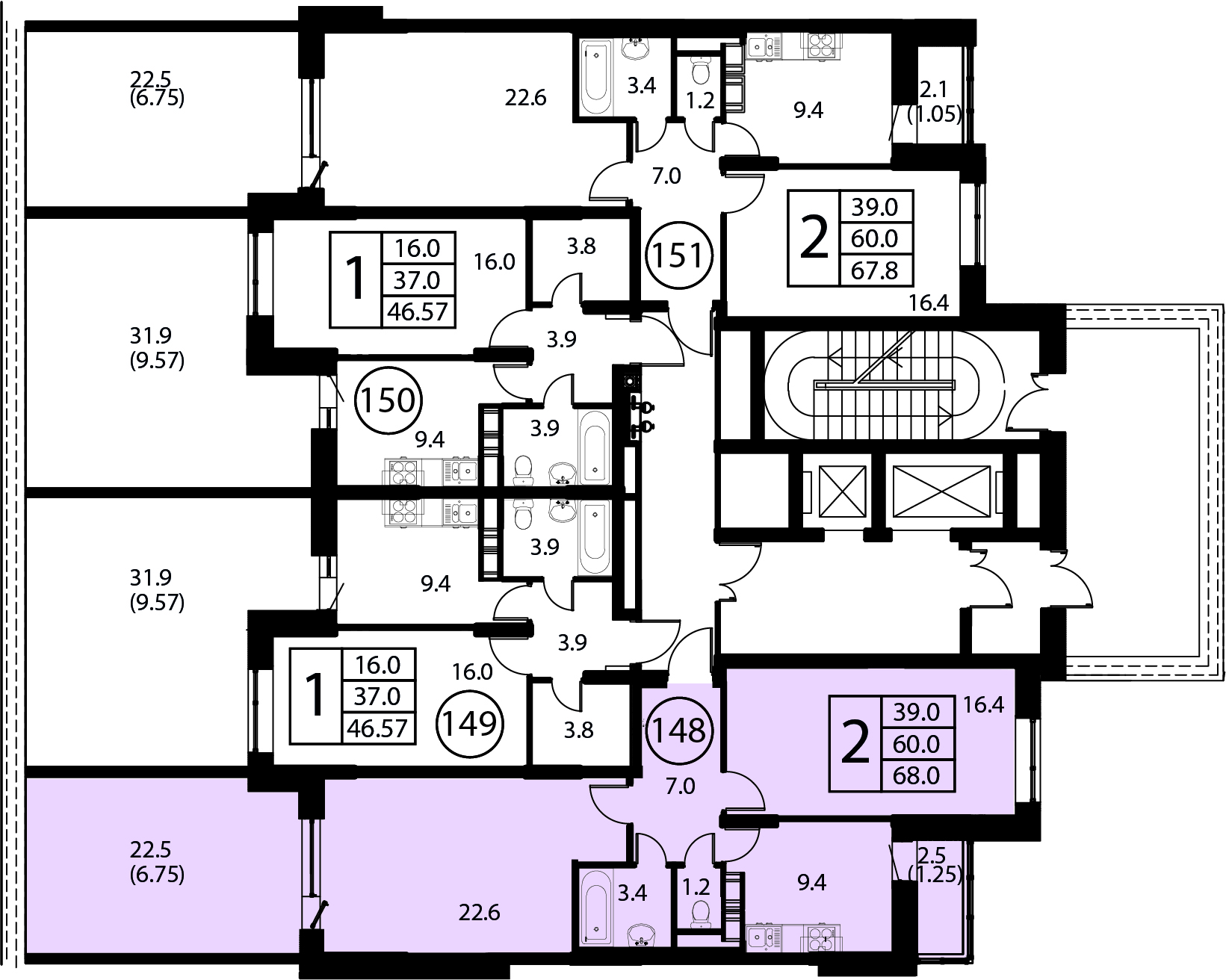 2-комнатная квартира №148, 68,0 м² за 9,62 млн руб. в ЖК «Космос» - планировка