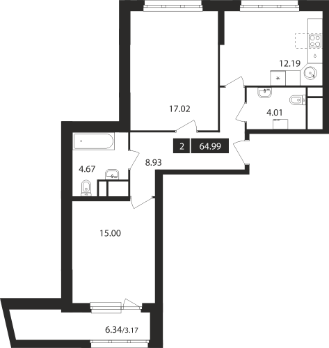 2-комнатная, квартира, 64.99 м²