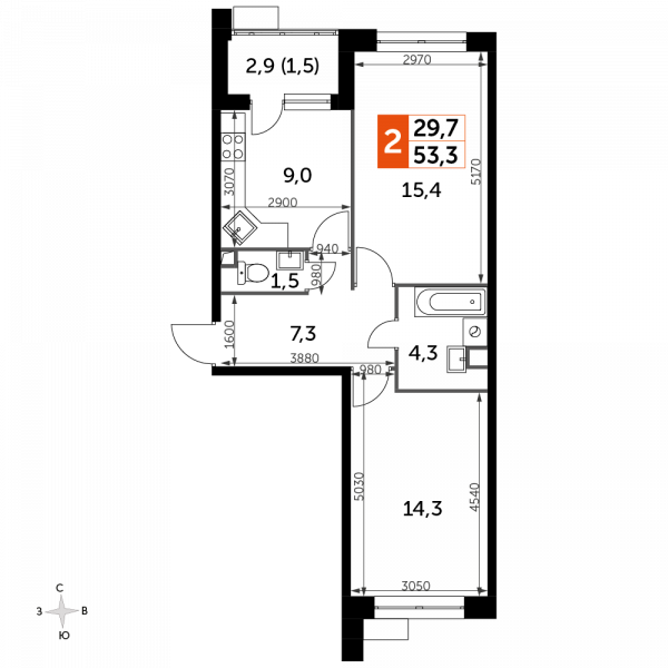 2 комнаты до 53.3
