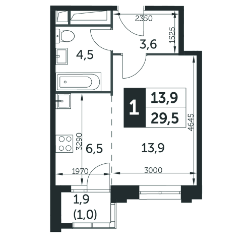 Студия, 29.5 м²