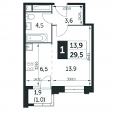 1-комнатная квартира 29,5 м²