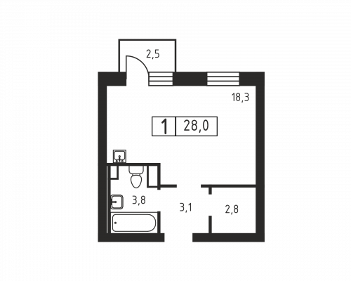 1-комнатная, 28 м²