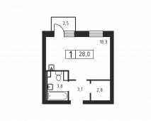 1-комнатная квартира 28 м²