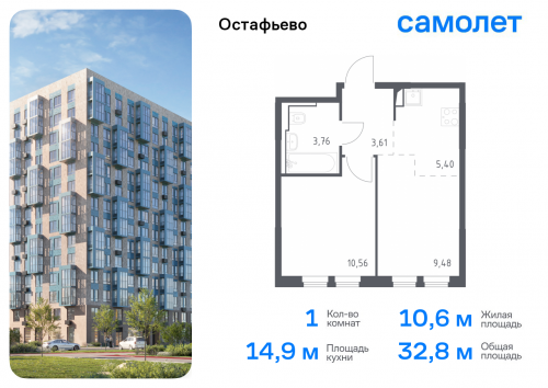 1-комнатная, 32.81 м²