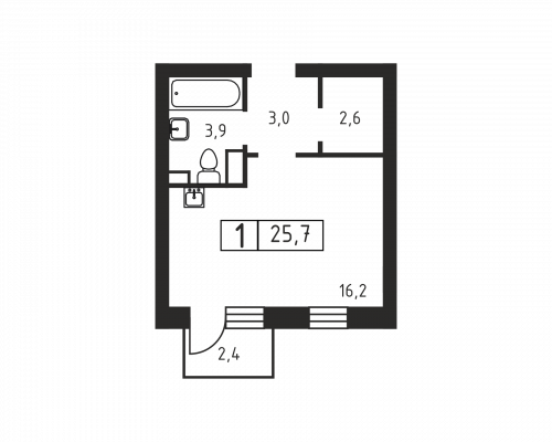 1-комнатная, 25.7 м²